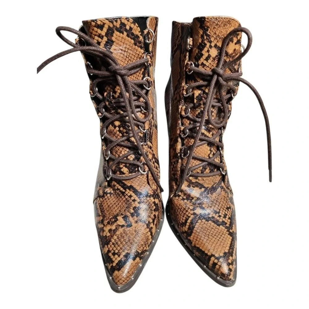 Wild Diva Snakeskin Ankle Boots Women 7 Brown Lace Up Block Heel Edgy Chic
